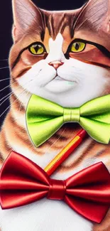 Cat with green and red bow ties, holding a pencil, on a dark background.