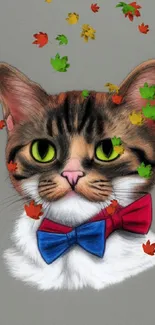 Cat with red and blue bow ties on gray background.