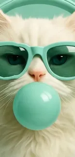 Cat wearing teal sunglasses and blowing bubblegum.