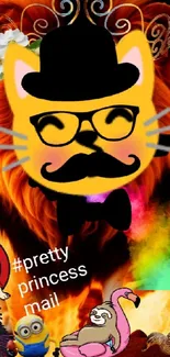 Stylish cat with glasses over fiery, colorful background featuring playful characters.