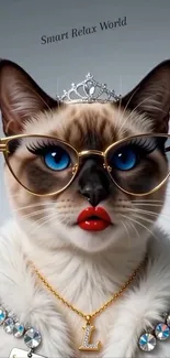 Cat with glasses, crown, and jewelry in a stylish portrait.