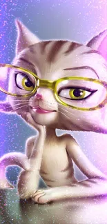 Cute cartoon cat with glasses lounging in art illustration.