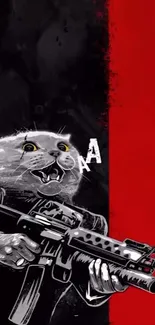 Humorous cat in suit holding a rifle on a red and black background.