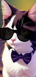 Cat with sunglasses and bow tie, stylish mobile wallpaper.