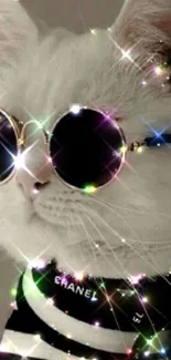 Chic white cat with sunglasses and sparkles in a striped outfit.