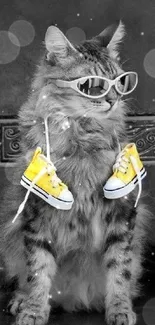 Whimsical cat with yellow sneakers and sunglasses on a gray background.