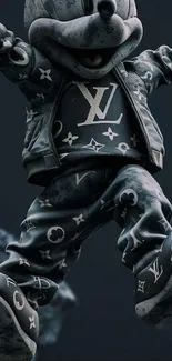 Cartoon character in dynamic pose with fashionable outfit.