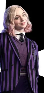 Stylish character in purple striped attire on a black background.