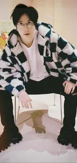 Person wearing checkerboard jacket and glasses, sitting stylishly.