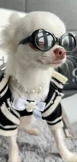 Chihuahua in sunglasses and striped sweater