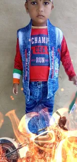 Child in denim vest stands with vibrant flaming motorcycle.