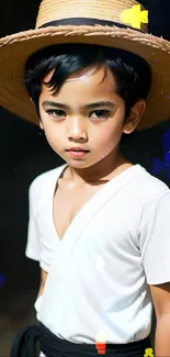 Young boy in straw hat with neutral background.