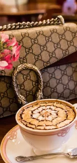 Elegant designer handbag with coffee art in stylish mobile wallpaper.