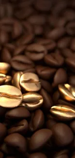 A stylish wallpaper of coffee beans with gold accents, for mobile devices.