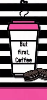 Coffee cup with cookies on black and white stripes.