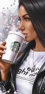 Fashionable woman sipping coffee art wallpaper.