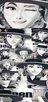 Collage wallpaper with character in monochrome design.