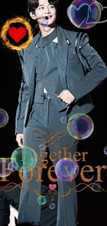 Performer on stage with heart and bubbles, with 'Together Forever' text.