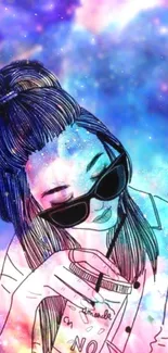 Stylish woman in a cosmic-themed art background.