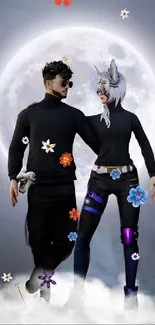 Fantasy couple standing in front of a large glowing moon with flowers.