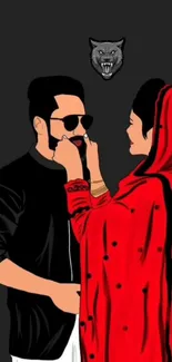 Stylized illustration of a modern couple with a red scarf on a black background.