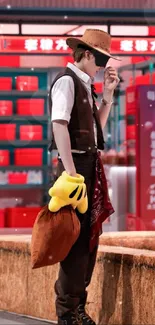 Young man in cowboy attire with red accents standing indoors.