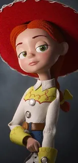 Animated cowgirl character with red hat and moody background.