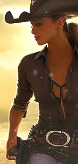 Cowgirl in sunset, wearing Western attire in golden ambience.