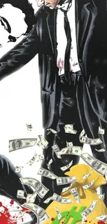 Noir style artwork with money flying and figures in black suits.