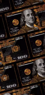 Black and gold wallpaper featuring Benjamin Franklin on US hundred-dollar bills.