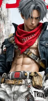 Cyberpunk anime character with gray hair and red bandana.