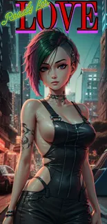 Cyberpunk character in neon-lit city wallpaper.