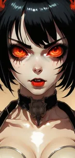 Anime character with dark hair and fiery red eyes.