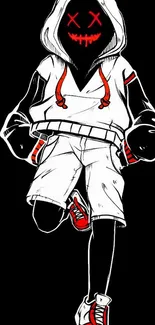 Stylish dark hoodie figure with red accents on mobile wallpaper.