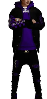 Trendy figure in urban style with black and purple clothing.