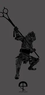 Dark warrior silhouette on gray background.