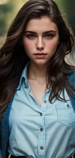 Young woman in denim with serene expression, perfect for a stylish mobile wallpaper.