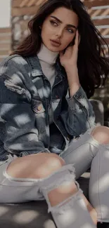 Woman in denim sitting outdoors, exuding modern fashion and style.