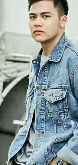 Person wearing a denim jacket poses against an urban background.