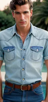 A stylish person in a light blue denim shirt next to a pool with greenery.