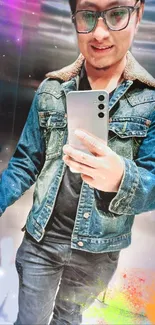 Man in denim jacket with vibrant color splashes.