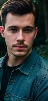 Man in denim shirt with forest background wallpaper