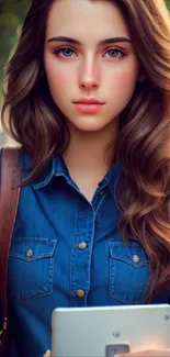 Young woman in denim holding phone, stylish wallpaper.