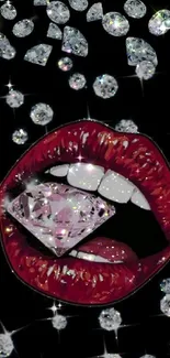 Stylish wallpaper with lips and diamond on black background.