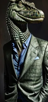 Dinosaur wearing a stylish suit and tie, blending fantasy and fashion.