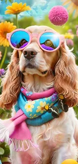 Adorable dog wearing sunglasses in a colorful floral garden setting.