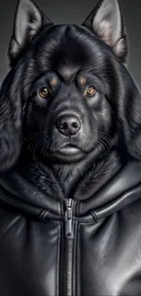 Artistic wallpaper of a dog wearing a leather hoodie, perfect for stylish mobile screens.