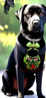 Black dog with a vibrant neon mask, set against a stylish background.