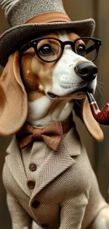 Beagle dog in vintage outfit with pipe and glasses.