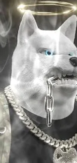 Digital art with a doge in chains and a halo.